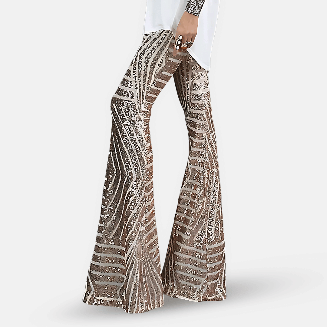 Dani | Sequin Embellished High Waisted Striped Mesh Flared Trousers Women