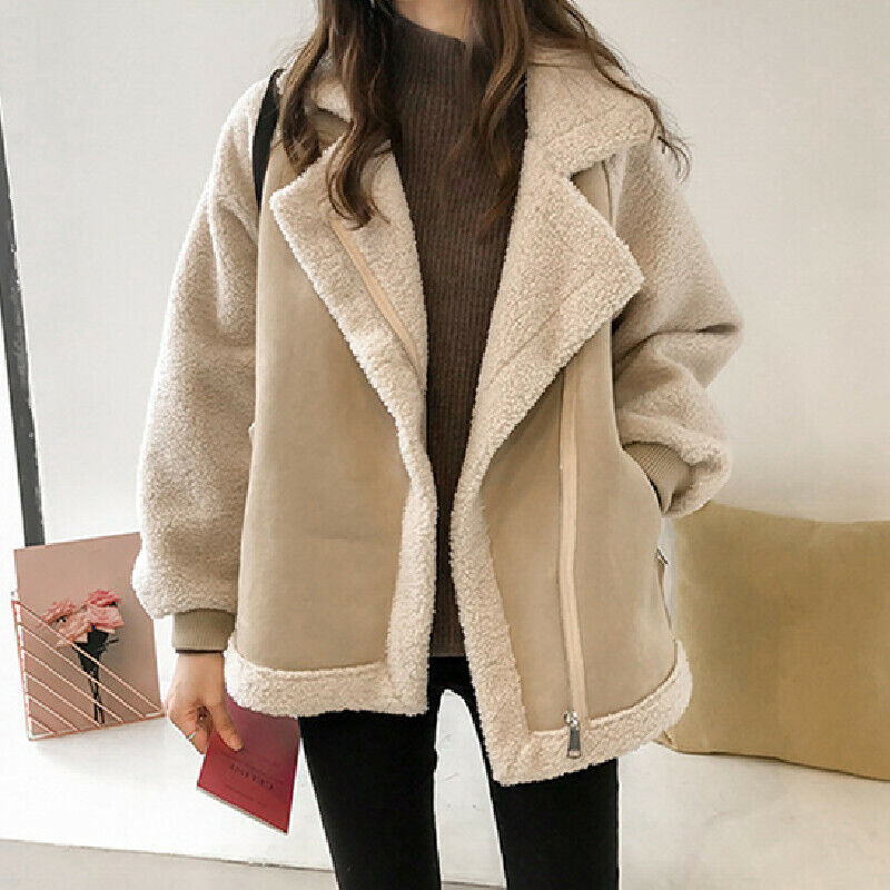 Ciara | Oversized Zipped Lapel Faux Suede Borg Collared Autumn Winter Jacket Teddy Coat Women