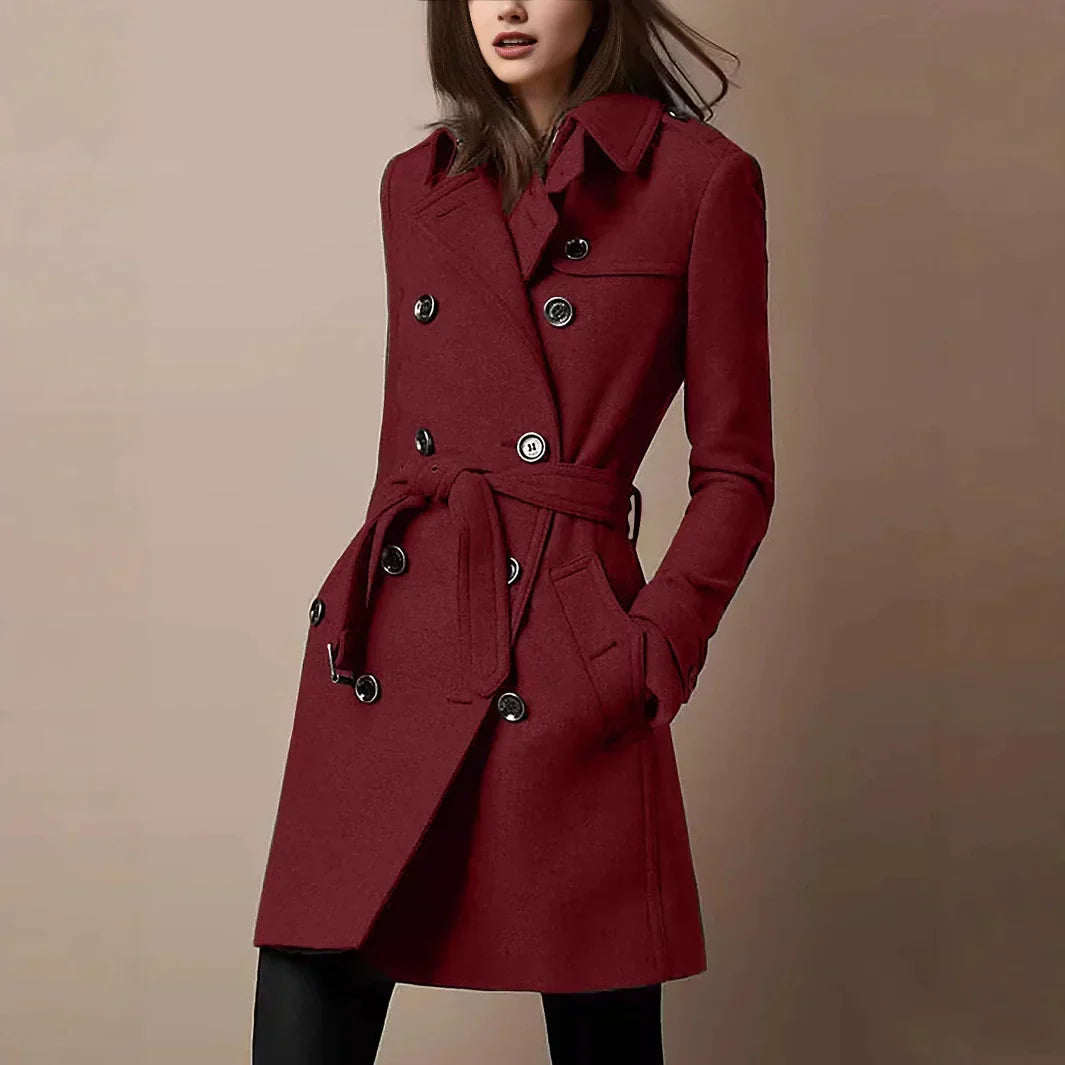Lucy | Fitted Double Breasted Belted Tie Waist Pocket Long Collared Autumn Smart Trench Coat Ladies