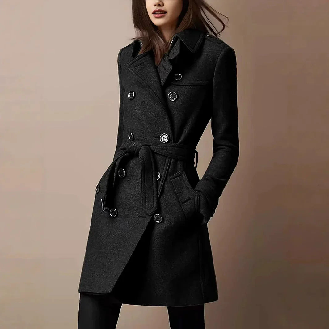 Lucy | Fitted Double Breasted Belted Tie Waist Pocket Long Collared Autumn Smart Trench Coat Ladies