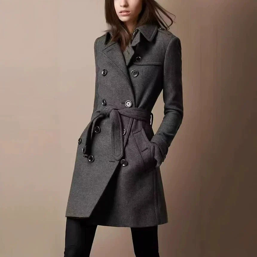Lucy | Fitted Double Breasted Belted Tie Waist Pocket Long Collared Autumn Smart Trench Coat Ladies