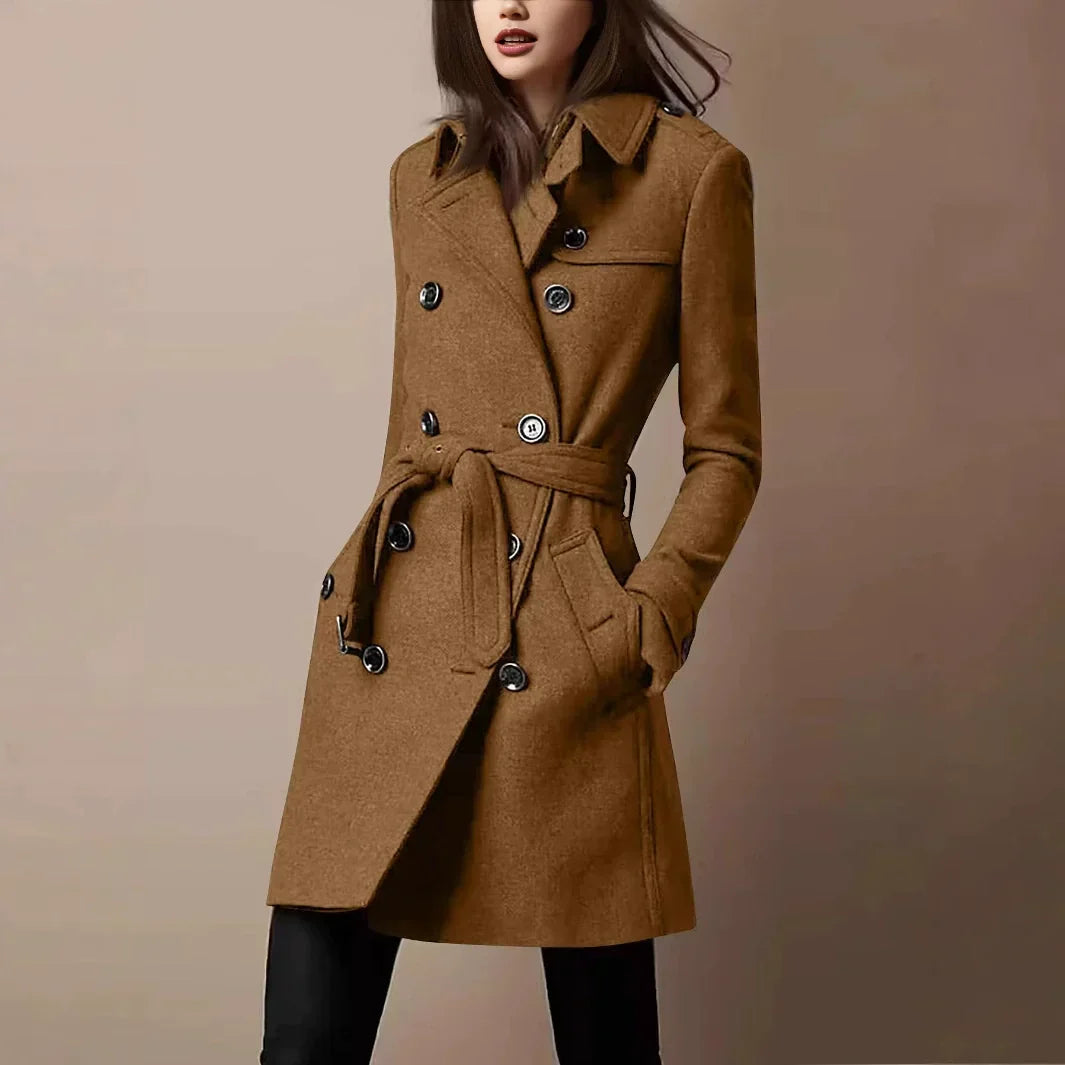 Lucy | Fitted Double Breasted Belted Tie Waist Pocket Long Collared Autumn Smart Trench Coat Ladies
