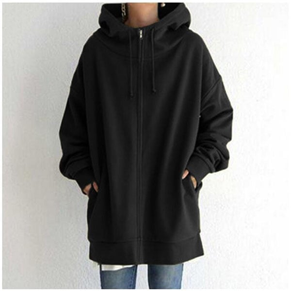Cerys | Zip Up Drawstring Pockets Fleece Lined Longline Autumn Winter Oversized Hoodie Women