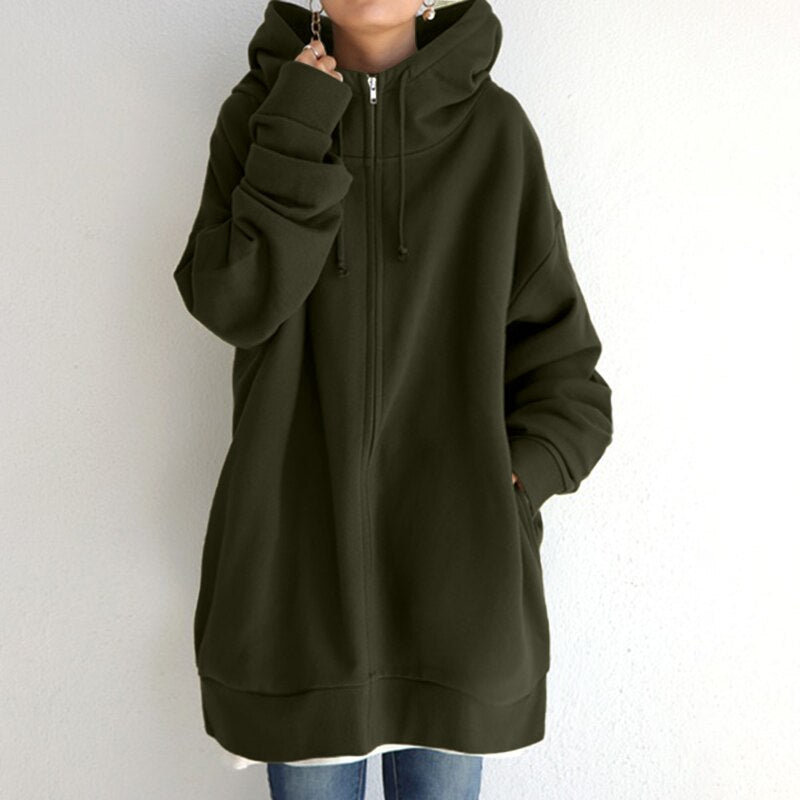 Kayla | Zip Up Drawstring Pockets Fleece Longline Oversized Baggy Autumn Winter Hoodie Women