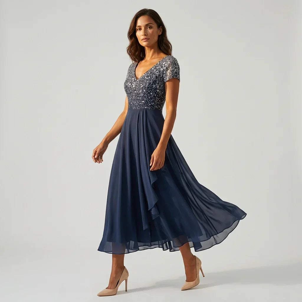 Mia | Short Sleeve V Neck Chiffon Christmas Wedding Guest Party A Line Midi Sequin Dress Women