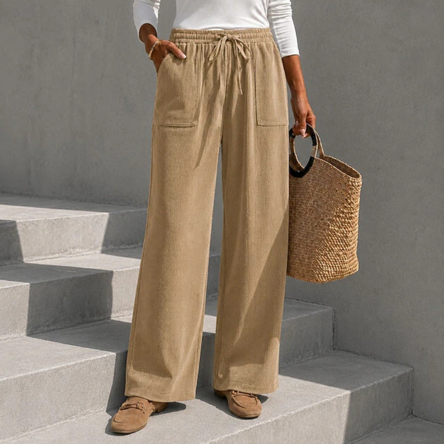 Flo | Loose Drawstring Elasticated Pockets Autumn Corduroy Wide Leg Trousers Women