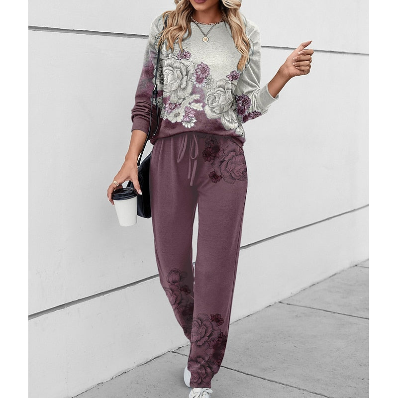 Vera | Fleece Floral Print Long Sleeve Straight Leg Tracksuit Women