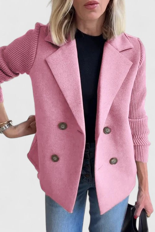 Double Breasted Blazer Coat with Knit Sleeves - Pink