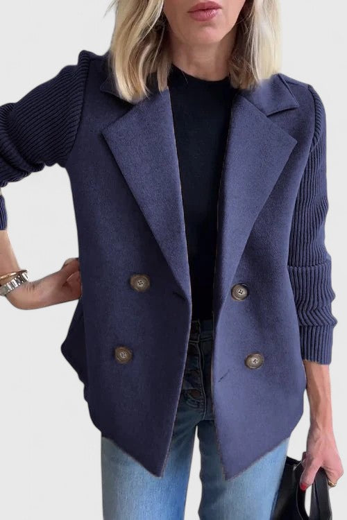 Double Breasted Blazer Coat with Knit Sleeves - Pink