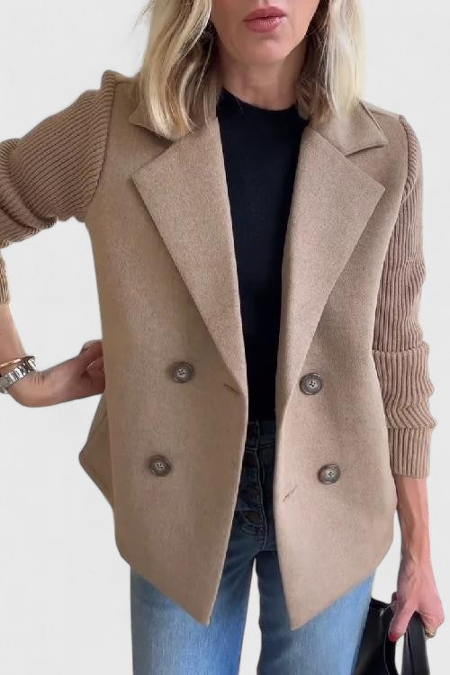 Double Breasted Blazer Coat with Knit Sleeves - Pink