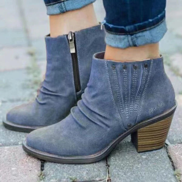 Beth | Ruched Western Studded Block Heeled Zip Up Autumn Faux Suede Ankle Boots Women