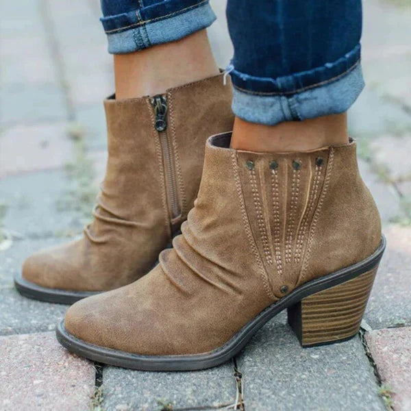 Beth | Ruched Western Studded Block Heeled Zip Up Autumn Faux Suede Ankle Boots Women