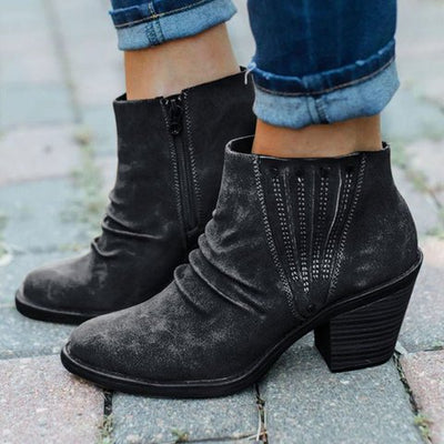 Beth | Ruched Western Studded Block Heeled Zip Up Autumn Faux Suede Ankle Boots Women