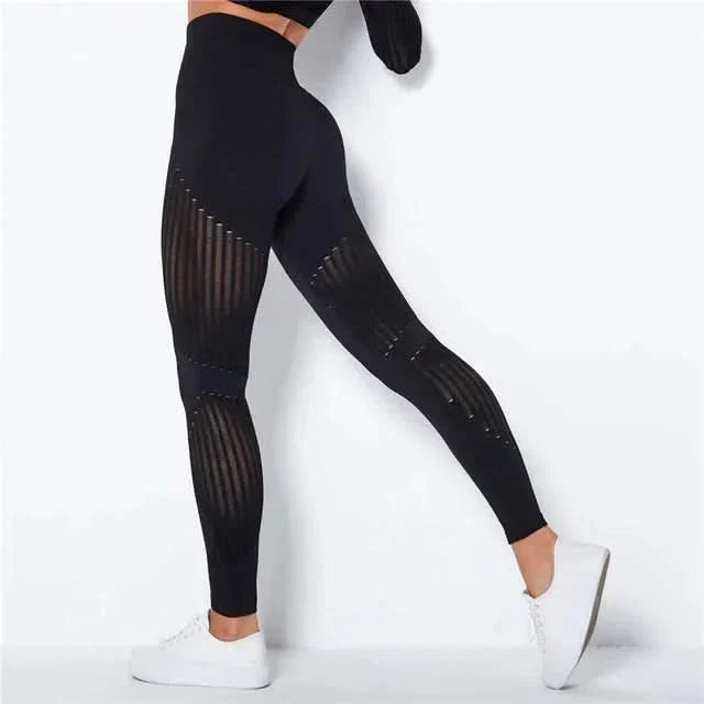Lyla | High Waisted Mesh Sheer Striped Ribbed Ankle Leggings Women