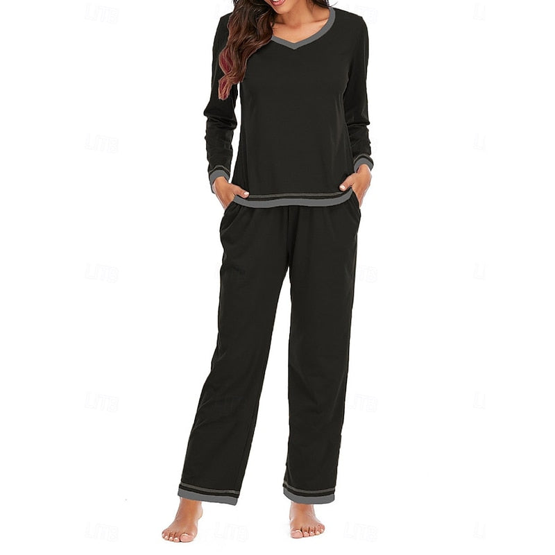 Tara | Jersey V Neck Long Sleeve Elasticated Waist Pockets Long Autumn Pyjamas Women