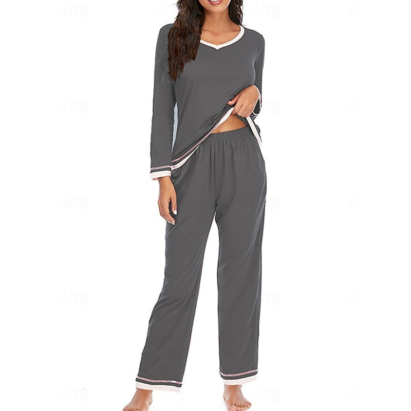 Tara | Jersey V Neck Long Sleeve Elasticated Waist Pockets Long Autumn Pyjamas Women