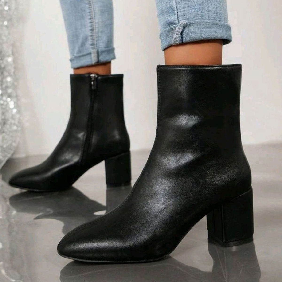 Lily | Slim Fit Block Heeled Square Toe Zip Up Autumn Smart Faux Leather Ankle Boots Women
