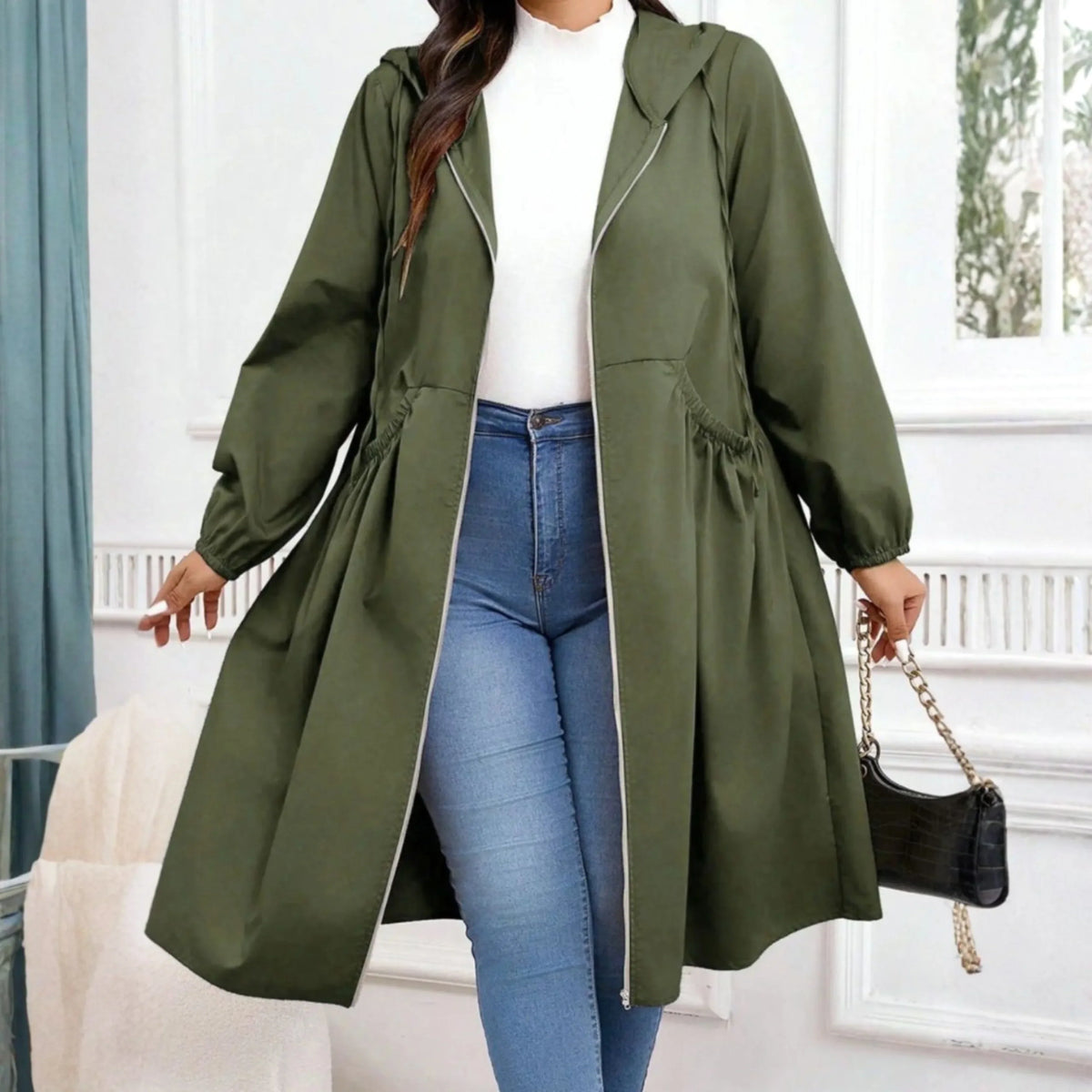 Vera | Plus Size Drawstring Longline Zip Up Hooded Windbreaker Jacket Women