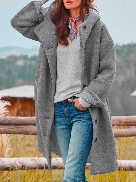 Hooded Longline Wool Coat with Buttons - Raspberry Pink
