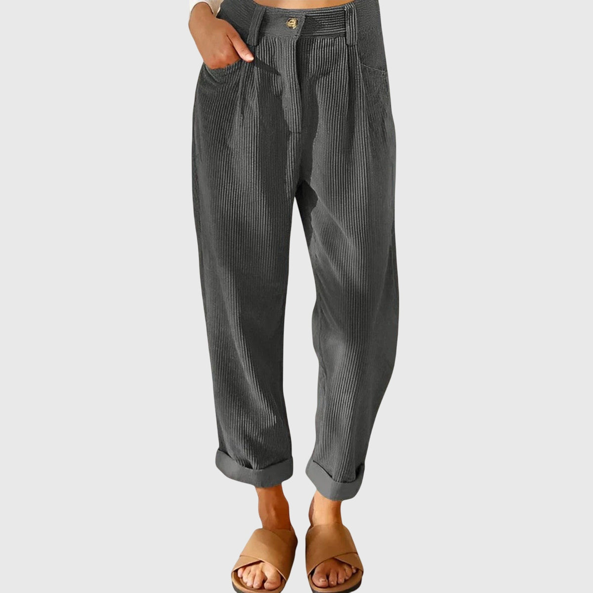 Peggy | High Waisted Pleated Corduroy Turn Up Cropped Ribbed Pocket Autumn Tapered Trousers Women
