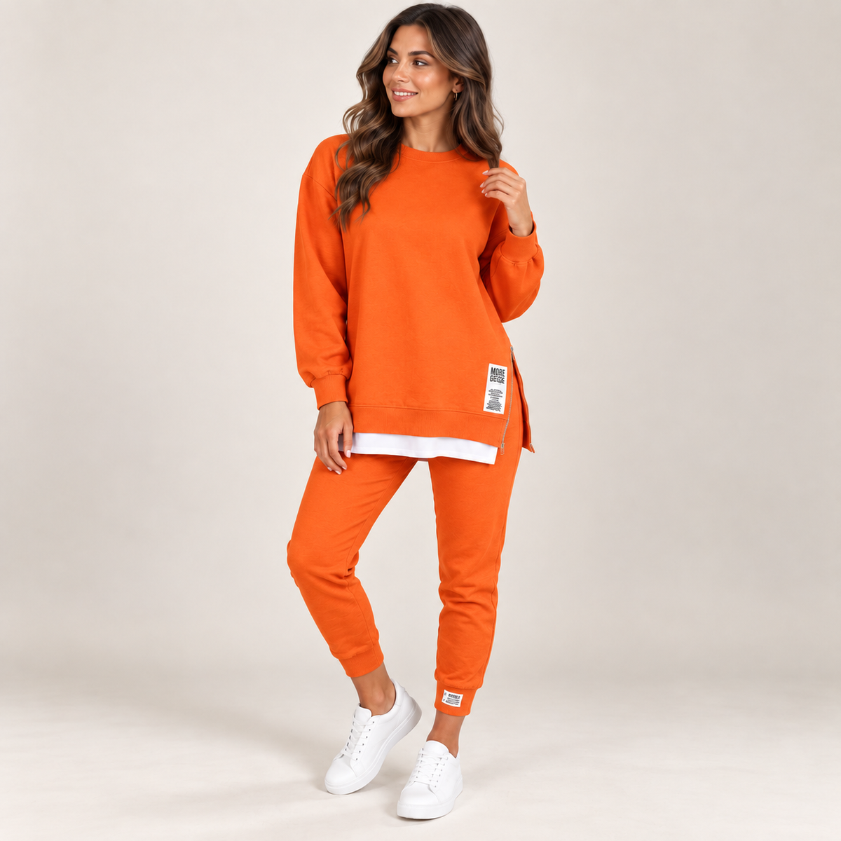 Kya | Knitted Oversized Long Sleeve Crew Neck Side Zip Cuffed Autumn Jogger Tracksuit Women