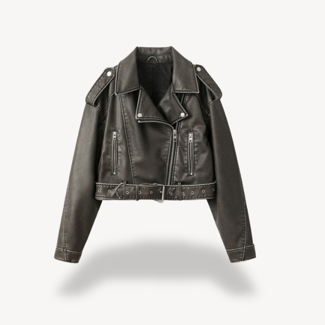 Ariel | Biker Belted Zip Pocket Oversized Cropped Collared Autumn Faux Leather Jacket Women