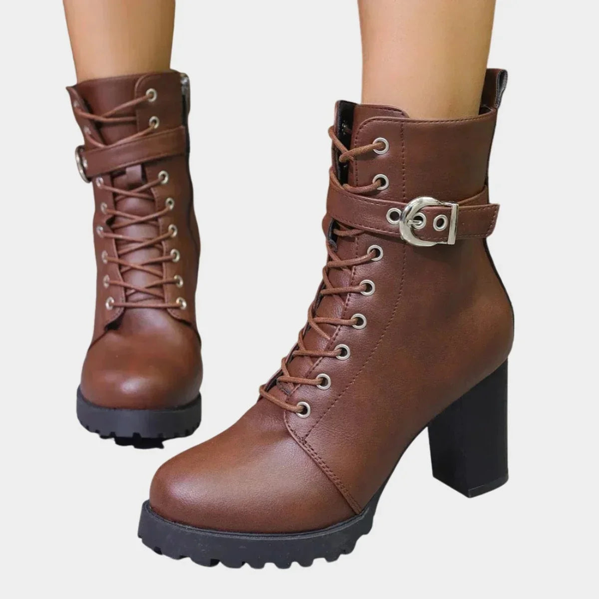 Robyn | Buckle Chunky Block Heeled Platform Lace Up Autumn Faux Leather Ankle Boots Women