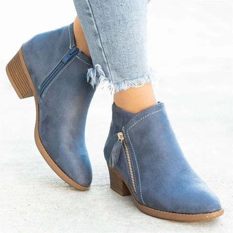 Riley | Block Heeled Pointed Toe Zip Up Autumn Smart Faux Suede Ankle Boots Women
