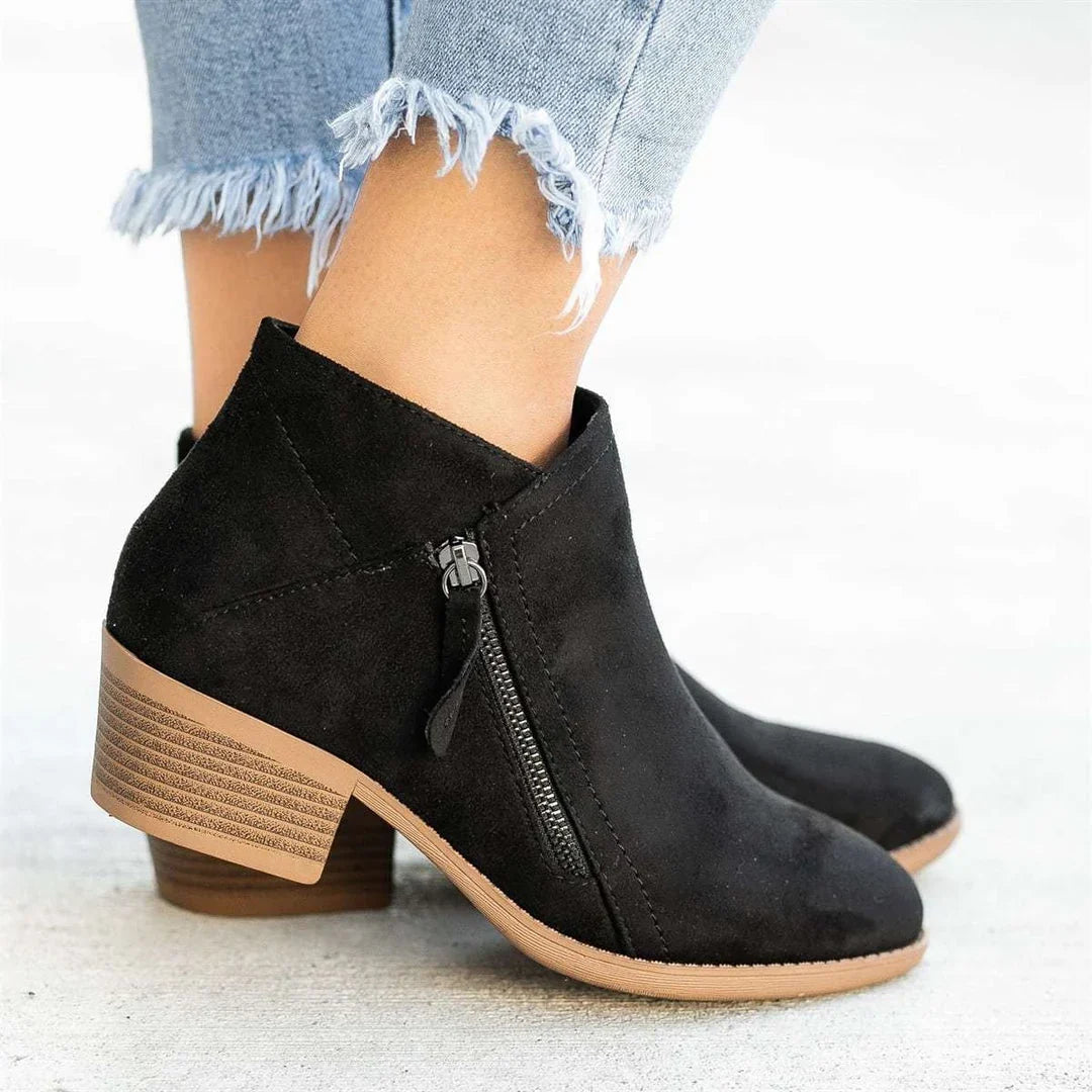 Riley | Block Heeled Pointed Toe Zip Up Autumn Smart Faux Suede Ankle Boots Women