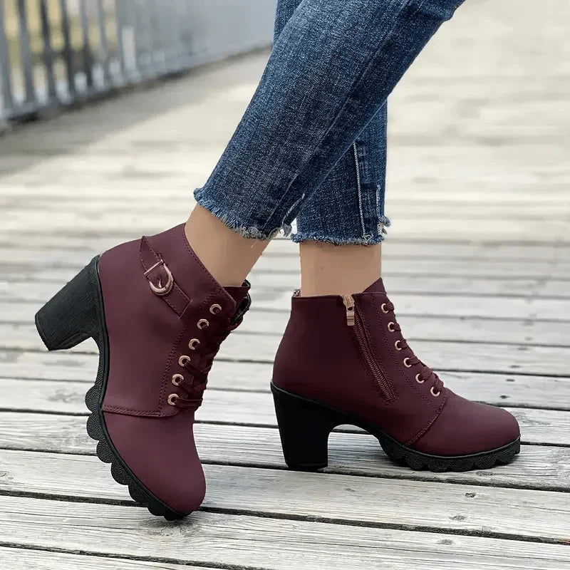 Lana | Buckle Chunky Block Heeled Platform Lace Up Faux Suede Ankle Boots Women