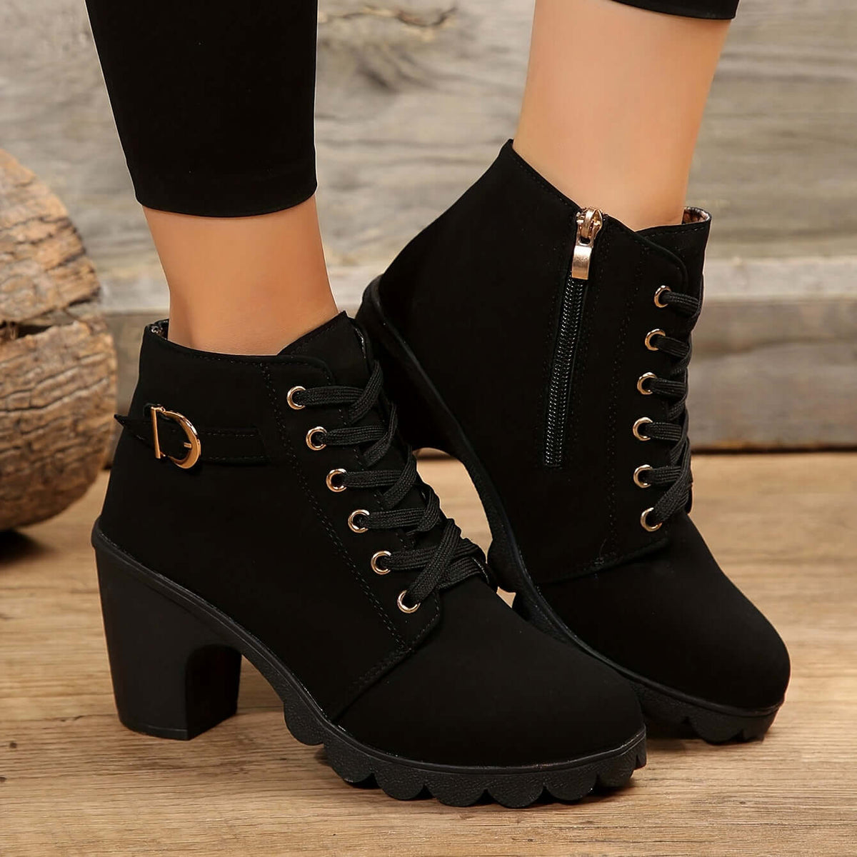 Lana | Buckle Chunky Block Heeled Platform Lace Up Faux Suede Ankle Boots Women