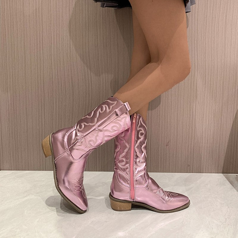 Elle | Embroidered Pointed Toe Zip Up Faux Leather Block Heel Mid Calf Cowboy Boots Women
