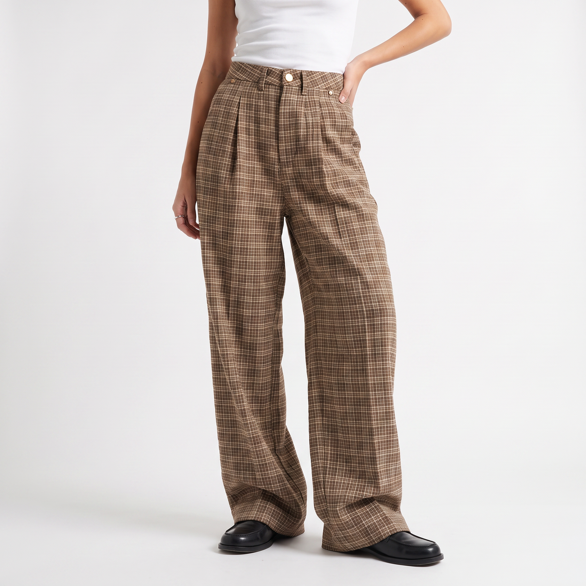 Heidi | Check Pleated High Waisted Tailored Button Pocket Autumn Smart Work Wide Leg Trousers Women