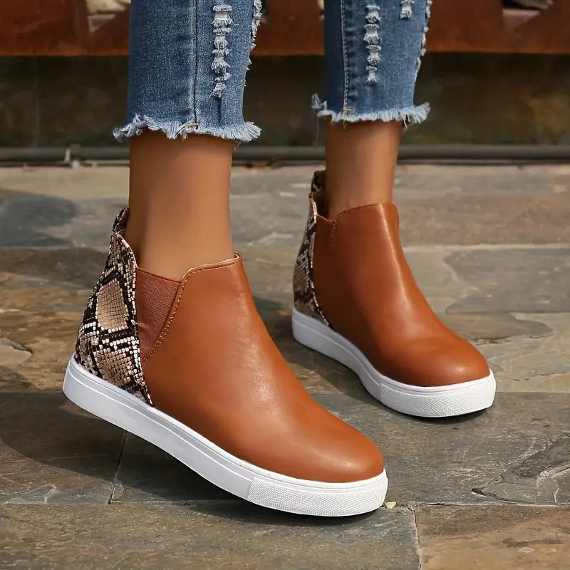 Alba | Snake Print Round Toe Autumn Faux Leather Chelsea Boots Women