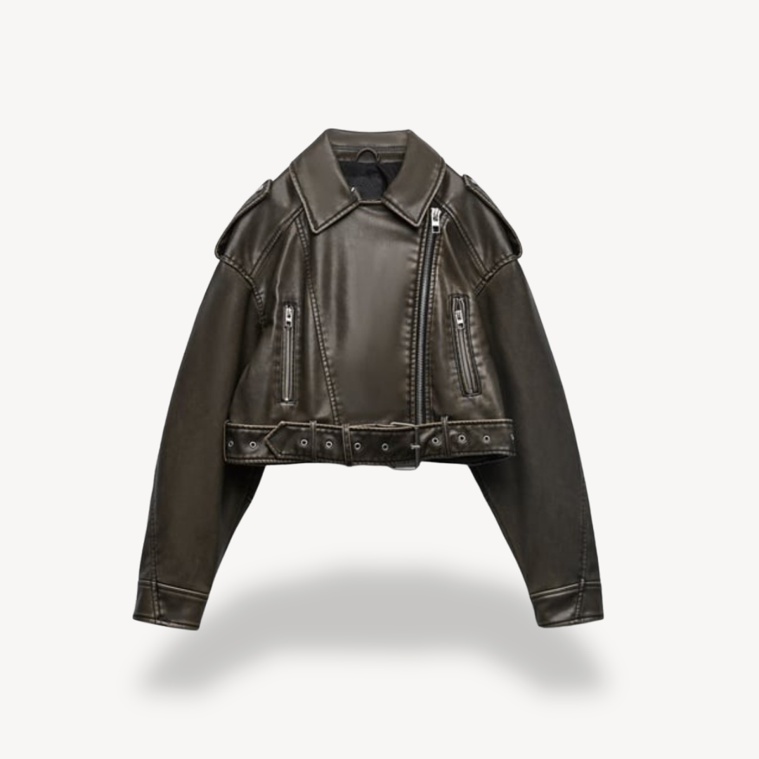 Ariel | Biker Belted Zip Pocket Oversized Cropped Collared Autumn Faux Leather Jacket Women