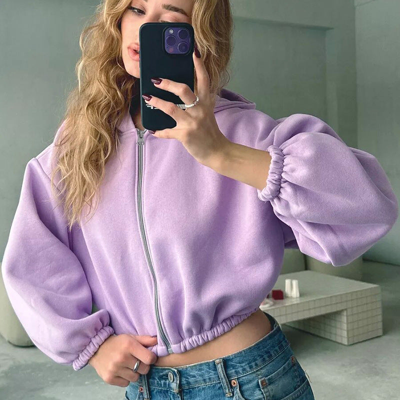 Cass | Zip Up Balloon Sleeve Fleece Cropped Autumn Oversized Hoodie Women
