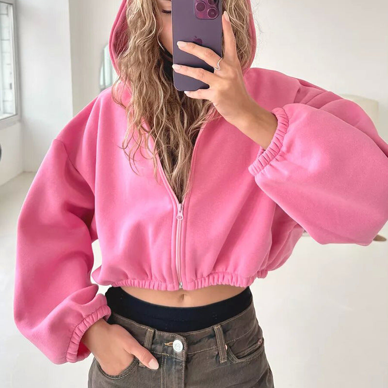 Cass | Zip Up Balloon Sleeve Fleece Cropped Autumn Oversized Hoodie Women