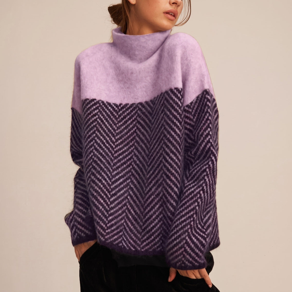 Zoe | Oversized Fluffy Colour Block Drop Shoulder Funnel Neck Autumn Winter Jumper Women