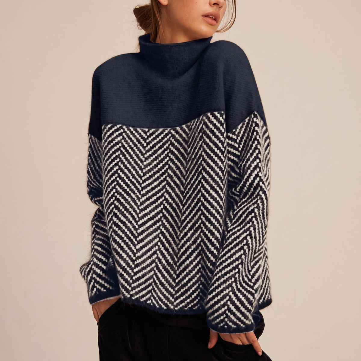 Zoe | Oversized Fluffy Colour Block Drop Shoulder Funnel Neck Autumn Winter Jumper Women