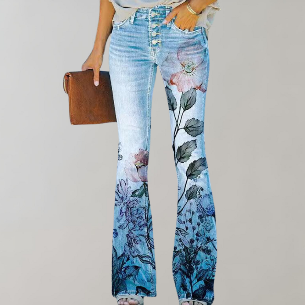 Lia | Floral Printed High Waisted Slim Pocket Flare Jeans Women