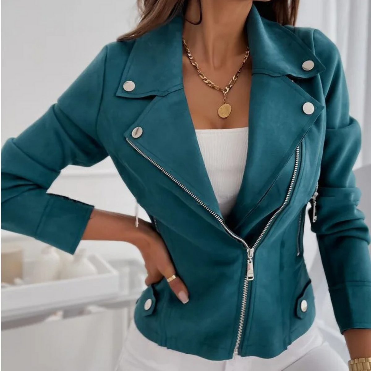 Rita | Biker Zip Lapel Pocket Fitted Autumn Cropped Faux Suede Jacket Women