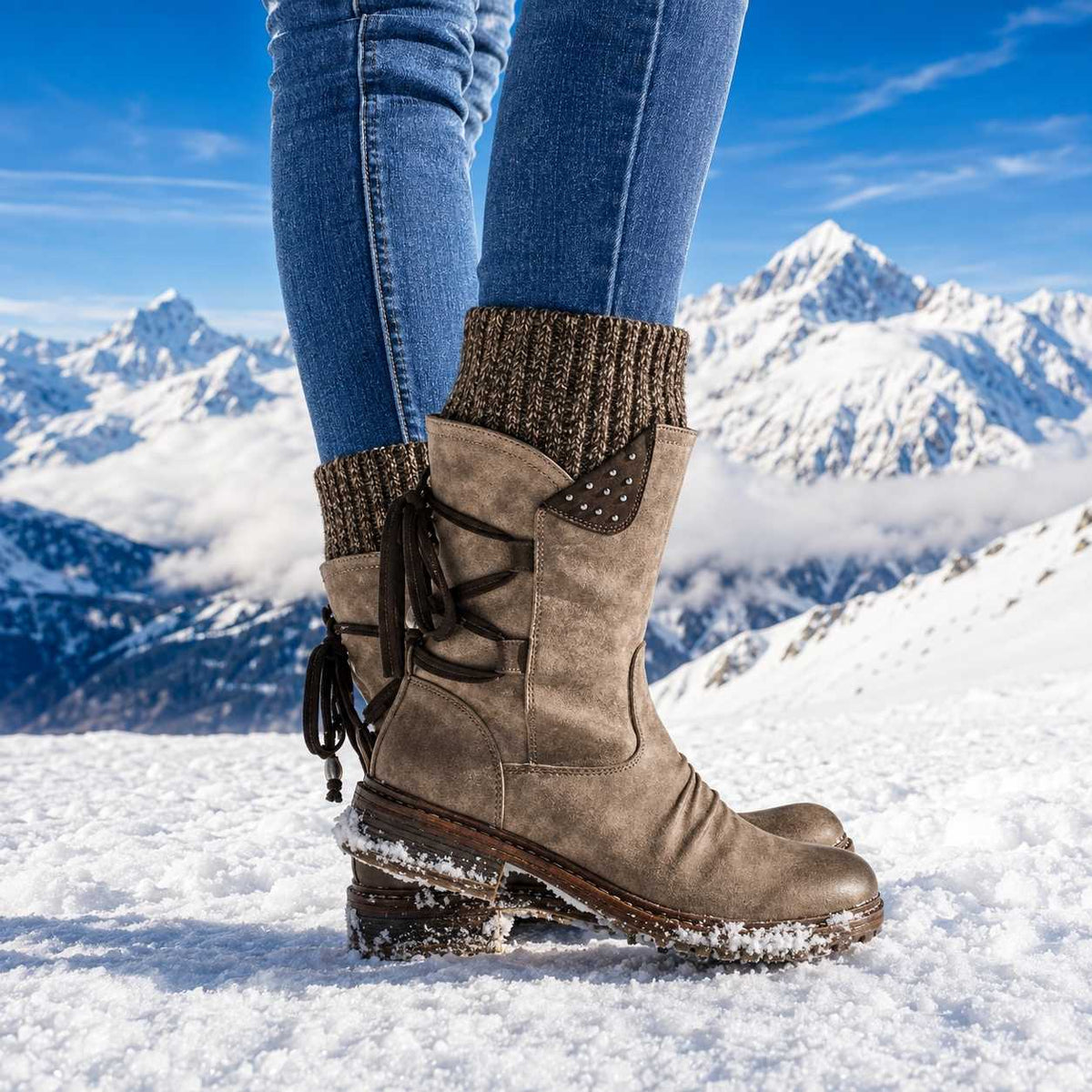 Callie | Faux Leather Knit Round Toe Studded Autumn Winter Block Heel Mid Calf Boots Women