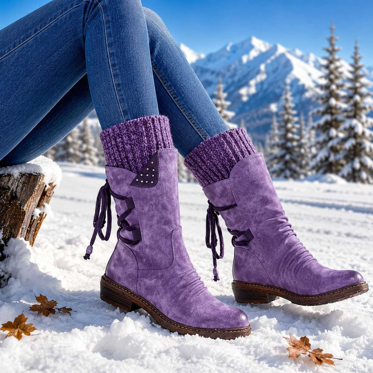 Callie | Faux Leather Knit Round Toe Studded Autumn Winter Block Heel Mid Calf Boots Women