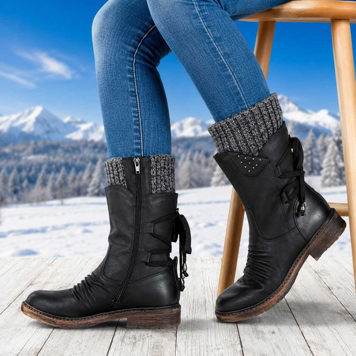 Callie | Faux Leather Knit Round Toe Studded Autumn Winter Block Heel Mid Calf Boots Women