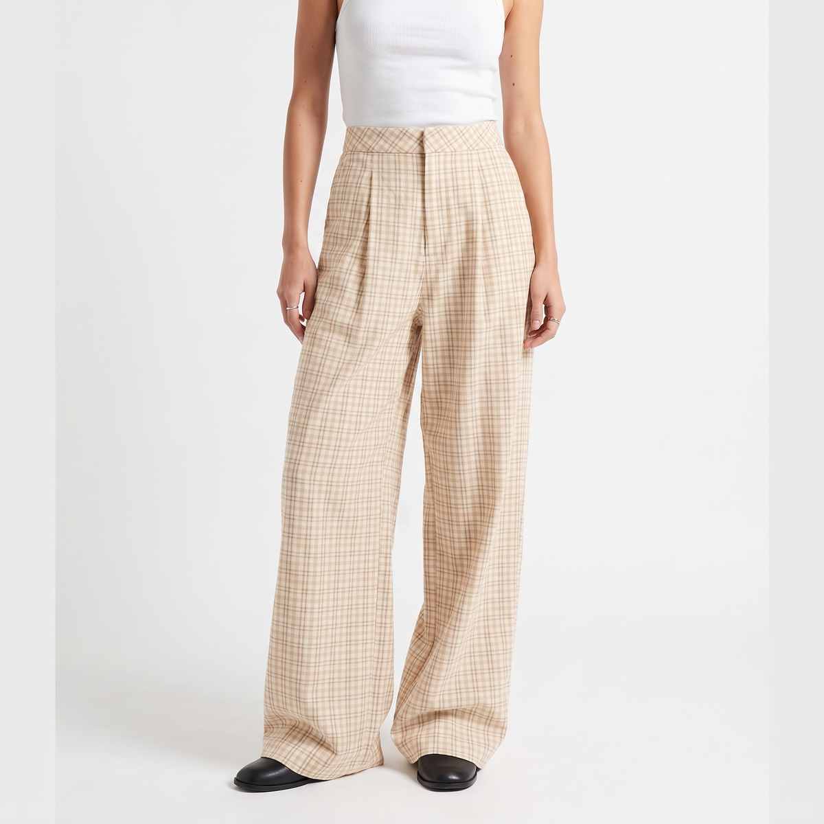 Heidi | Check Pleated High Waisted Tailored Button Pocket Autumn Smart Work Wide Leg Trousers Women