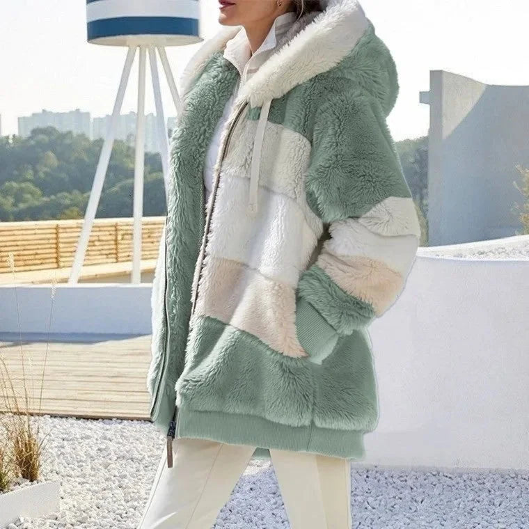 Grace | Fluffy Faux Fur Hooded Oversized Colour Block Longline Winter Coat Women