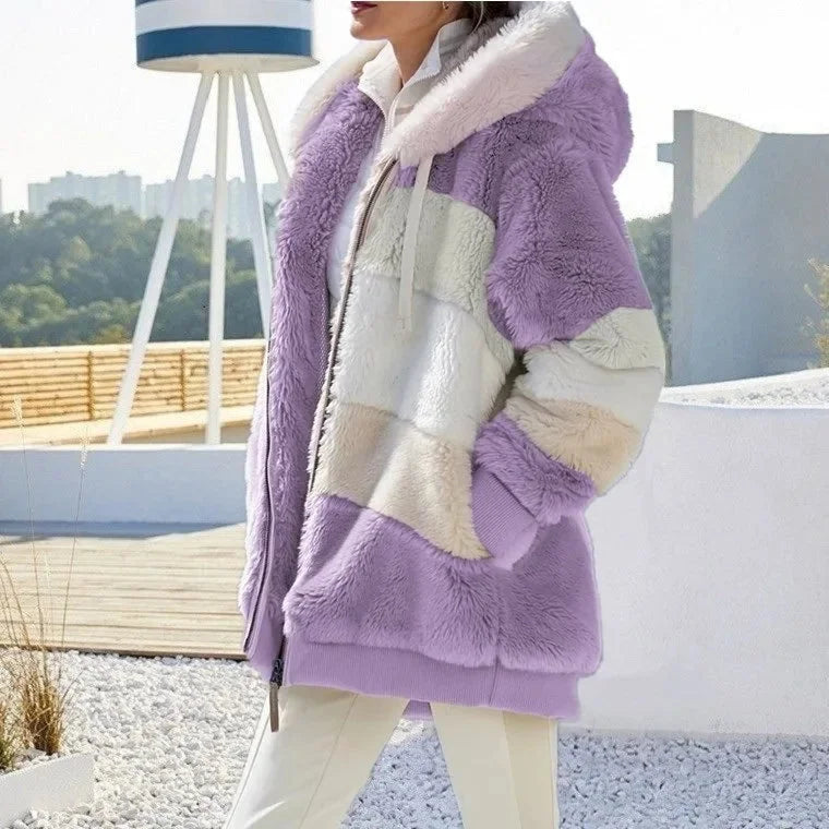 Grace | Fluffy Faux Fur Hooded Oversized Colour Block Longline Winter Coat Women