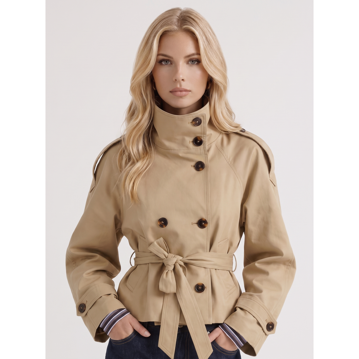 Tegan | Double Breasted Belted Funnel Neck Button Pocket Autumn Smart Cropped Trench Coat Ladies