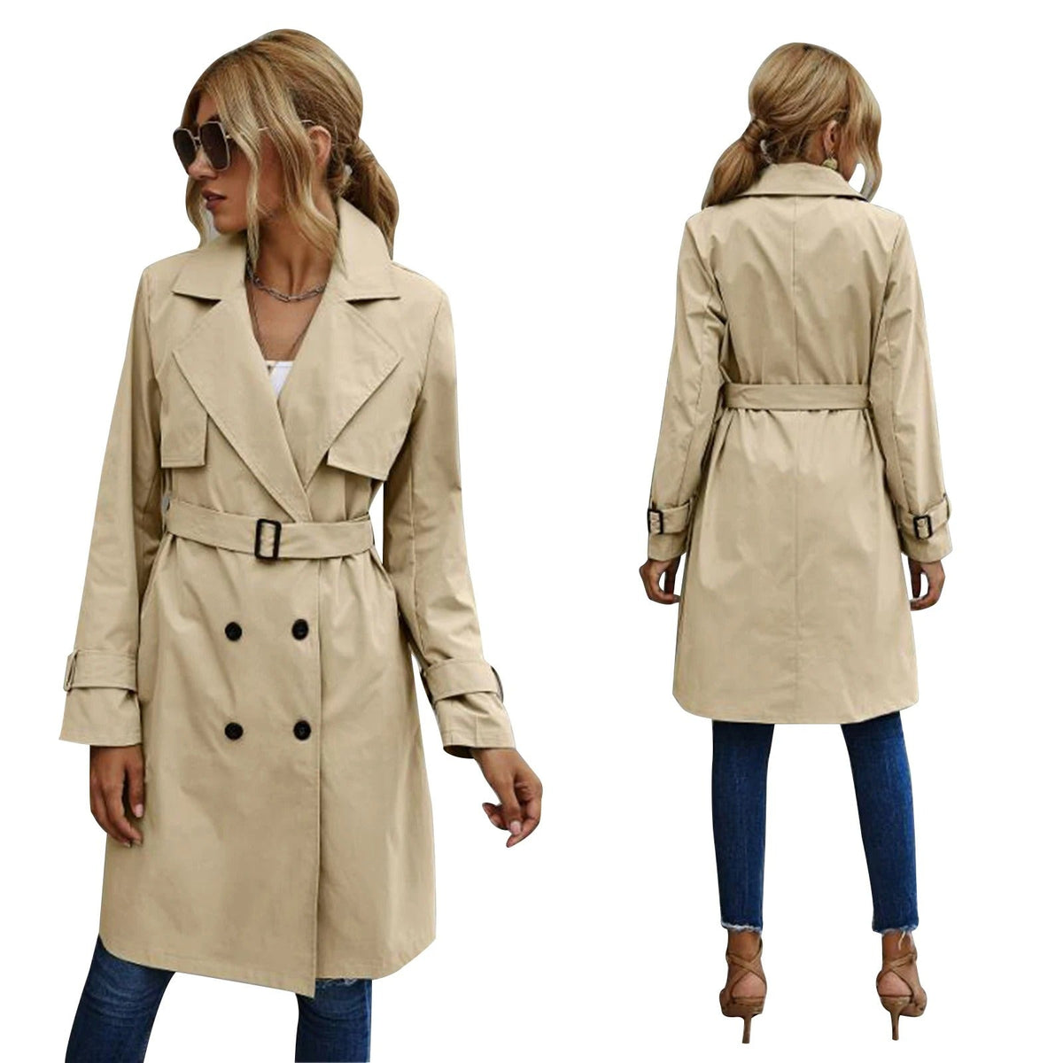 Thea | Classic Double Breasted Belted Buckle Collared Lapel Autumn Smart Long Trench Coat Ladies
