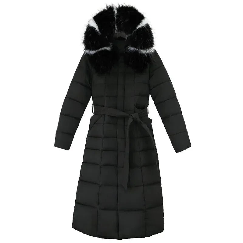 Kayla | Winter Belted Fitted Faux Fur Hood Long Quilted Padded Coat Women